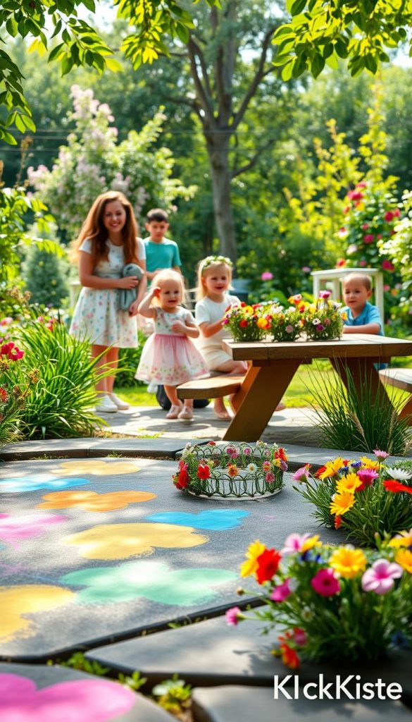 A vibrant and inviting garden scene, showcasing a DIY outdoor birthday party for children. In the foreground, there's a colorful chalk art display created by children, featuring bright and playful designs on a paved surface. Scattered nearby, whimsical grass crowns fashioned from colorful wildflowers rest on a wooden picnic table. In the middle ground, cheerful children in modest casual clothing are engaged in fun activities, laughing and taking quick snapshots with their parents. The background reveals a lush garden filled with greenery, blooming flowers, and soft sunlight filtering through leaves, creating a warm and inspiring atmosphere. The scene should convey a sense of creativity and joy in the spirit of celebration, with a Pinterest-like aesthetic. Add the brand name "KlickKiste" subtly in the corner of the image, ensuring no text overlays distract from the vibrant visuals.