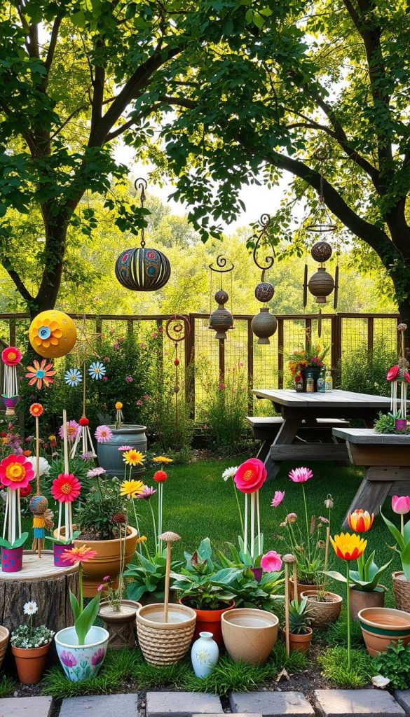 A vibrant and inviting garden scene showcasing various DIY garden decor ideas, centered around the theme "KlickKiste". In the foreground, display colorful handcrafted decorations like painted flower pots, intricately designed garden stakes, and hanging wind chimes, all made from natural materials. In the middle ground, lush greenery with blooming flowers creates a lively atmosphere, while rustic wooden benches or tables provide a cozy spot for inspiration. In the background, gentle sunlight filters through leafy trees, casting warm, soft light that enhances the cheerful mood. The composition should evoke a sense of creativity and tranquility, ideal for spring and summer. Capture the scene from a slightly elevated angle to provide depth and allow viewers to fully appreciate the beauty of this DIY garden decor display.