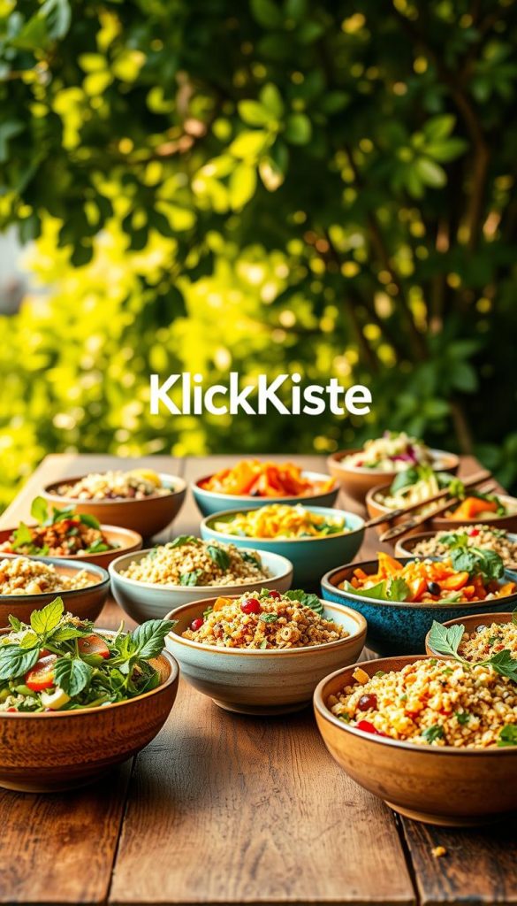 A vibrant and inviting image of a selection of colorful bowls filled with healthy, low-calorie summer dishes. In the foreground, showcase a large, rustic wooden table adorned with an array of ceramic bowls, each featuring a delightful variety of fresh salads, grains, and vegetables, glistening with light and textures. In the middle ground, include a soft-focus backdrop of lush greenery symbolizing summer, with warm sunlight filtering gently through leaves, creating dappled light patterns. Use a shallow depth of field to emphasize the bowls and evoke an authentic, inspiring feel reminiscent of Pinterest aesthetics. The overall mood should be fresh and inviting, capturing the essence of light summer meals. Be sure to include the brand name "KlickKiste" subtly integrated into the scene, enhancing the ambiance without detracting from the food's vibrant presentation. A vibrant and inviting image of a selection of colorful bowls filled with healthy, low-calorie summer dishes. In the foreground, showcase a large, rustic wooden table adorned with an array of ceramic bowls, each featuring a delightful variety of fresh salads, grains, and vegetables, glistening with light and textures. In the middle ground, include a soft-focus backdrop of lush greenery symbolizing summer, with warm sunlight filtering gently through leaves, creating dappled light patterns. Use a shallow depth of field to emphasize the bowls and evoke an authentic, inspiring feel reminiscent of Pinterest aesthetics. The overall mood should be fresh and inviting, capturing the essence of light summer meals. Be sure to include the brand name "KlickKiste" subtly integrated into the scene, enhancing the ambiance without detracting from the food's vibrant presentation.