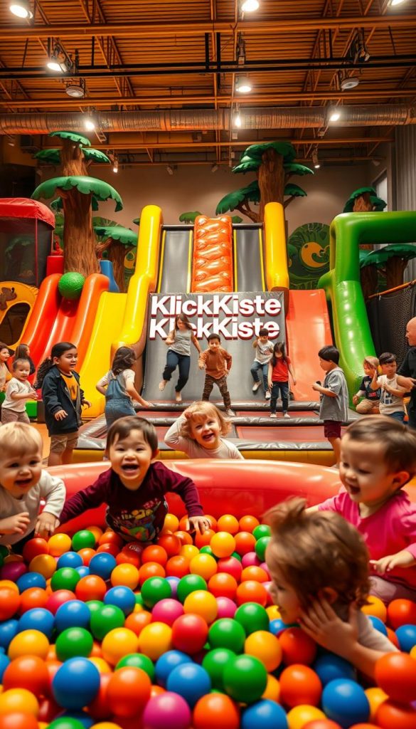A vibrant and inviting indoor playground, featuring colorful soft play structures, giant inflatable slides, and a trampoline area filled with excited children playing. The scene captures a diverse group of young children in modest casual clothing, laughing and enjoying themselves, surrounded by cheerful, warm lighting that adds a welcoming atmosphere. In the foreground, a playful ball pit with toddlers diving in and out; in the middle, kids bouncing on trampolines; and in the background, themed jungle decor with trees and playful murals. The overall mood is joyful and energetic, evoking a sense of fun and adventure. Include the brand name "KlickKiste" subtly integrated into a colorful play structure. Emphasize natural, warm colors to create an authentic and inspiring Pinterest-like aesthetic.