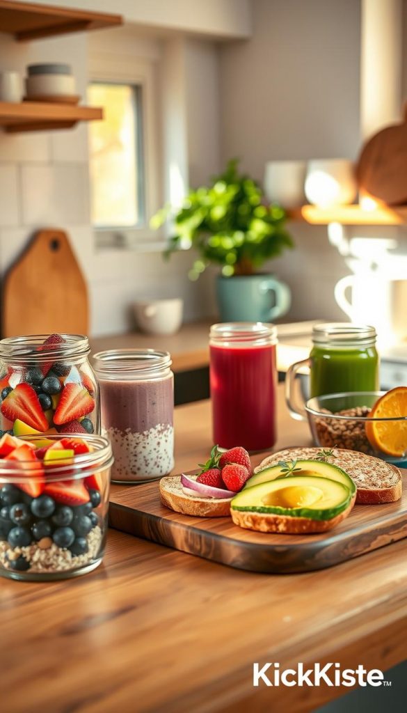 A vibrant and inviting kitchen scene featuring a beautifully arranged meal prep breakfast. In the foreground, colorful glass containers filled with assorted breakfast items like overnight oats, sliced fruits, and healthy smoothies sit on a wooden kitchen counter. In the middle ground, a rustic cutting board displays freshly sliced avocados and whole grain toast, accentuated by sprigs of herbs. The background includes soft, natural light streaming through a window, illuminating a small indoor plant and ceramic coffee mugs. The overall mood is warm and inspiring, embodying a Pinterest aesthetic. Capture this scene with a shallow depth of field to draw attention to the meal prep items, reflecting a busy yet organized morning routine for parents. Include subtle branding for "KlickKiste" in the style of the kitchen decor, ensuring a professional and authentic look. A vibrant and inviting kitchen scene featuring a beautifully arranged meal prep breakfast. In the foreground, colorful glass containers filled with assorted breakfast items like overnight oats, sliced fruits, and healthy smoothies sit on a wooden kitchen counter. In the middle ground, a rustic cutting board displays freshly sliced avocados and whole grain toast, accentuated by sprigs of herbs. The background includes soft, natural light streaming through a window, illuminating a small indoor plant and ceramic coffee mugs. The overall mood is warm and inspiring, embodying a Pinterest aesthetic. Capture this scene with a shallow depth of field to draw attention to the meal prep items, reflecting a busy yet organized morning routine for parents. Include subtle branding for "KlickKiste" in the style of the kitchen decor, ensuring a professional and authentic look.