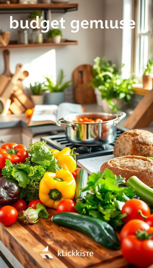 A vibrant and inviting kitchen scene focusing on "budget gemüse." In the foreground, a rustic wooden cutting board displays an array of colorful, fresh vegetables: crisp bell peppers, juicy tomatoes, vibrant zucchini, and leafy greens. In the middle ground, there’s a pot on a stove, simmering with a hearty vegetable stew, surrounded by kitchen utensils, a cookbook opened to a family-friendly recipe, and a loaf of homemade bread. The background features warm, natural lighting streaming through a window, highlighting the cozy ambience of the kitchen with herbal plants on the sill. The image should evoke feelings of warmth and inspiration, embodying a healthy, budget-friendly approach to cooking. Include subtle branding elements of "KlickKiste" in a tasteful manner. A vibrant and inviting kitchen scene focusing on "budget gemüse." In the foreground, a rustic wooden cutting board displays an array of colorful, fresh vegetables: crisp bell peppers, juicy tomatoes, vibrant zucchini, and leafy greens. In the middle ground, there’s a pot on a stove, simmering with a hearty vegetable stew, surrounded by kitchen utensils, a cookbook opened to a family-friendly recipe, and a loaf of homemade bread. The background features warm, natural lighting streaming through a window, highlighting the cozy ambience of the kitchen with herbal plants on the sill. The image should evoke feelings of warmth and inspiration, embodying a healthy, budget-friendly approach to cooking. Include subtle branding elements of "KlickKiste" in a tasteful manner.