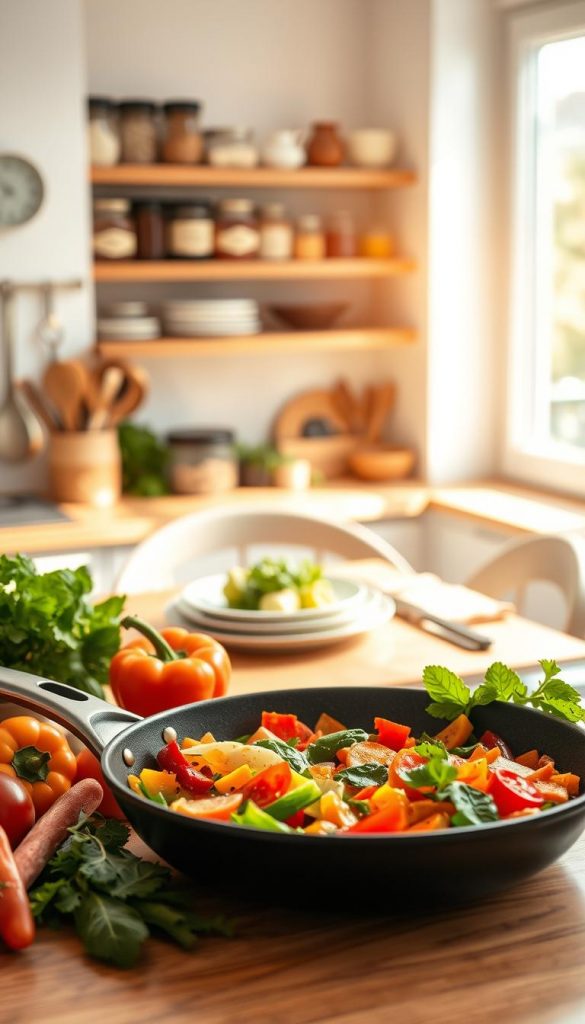 A vibrant and inviting kitchen scene showcasing a frying pan filled with colorful, appetizing ingredients representing 15-minute zero-waste recipes. In the foreground, fresh vegetables like bell peppers, carrots, and greens are artfully arranged beside the pan, hinting at quick and creative meals made from leftovers. In the middle ground, soft sunlight spills through a nearby window, illuminating a cozy dining table setting with rustic plates and utensils, adding warmth to the atmosphere. The background features shelves with neatly organized spices and jars, reflecting the organized and sustainable lifestyle. Capture this scene with a warm color palette, achieving a Pinterest-worthy aesthetic. The overall mood should feel inspiring and authentic, embodying the essence of KlickKiste’s approach to fast, waste-conscious cooking. A vibrant and inviting kitchen scene showcasing a frying pan filled with colorful, appetizing ingredients representing 15-minute zero-waste recipes. In the foreground, fresh vegetables like bell peppers, carrots, and greens are artfully arranged beside the pan, hinting at quick and creative meals made from leftovers. In the middle ground, soft sunlight spills through a nearby window, illuminating a cozy dining table setting with rustic plates and utensils, adding warmth to the atmosphere. The background features shelves with neatly organized spices and jars, reflecting the organized and sustainable lifestyle. Capture this scene with a warm color palette, achieving a Pinterest-worthy aesthetic. The overall mood should feel inspiring and authentic, embodying the essence of KlickKiste’s approach to fast, waste-conscious cooking.