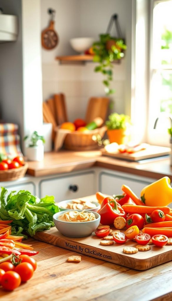 A vibrant and inviting kitchen scene showcasing a variety of fresh vegetables creatively arranged for a healthy snack preparation. In the foreground, colorful bell peppers, carrots, and cherry tomatoes are artfully sliced and placed on a wooden cutting board, with a small bowl of hummus and a few whole-grain crackers nearby. The middle ground features a rustic kitchen counter, adorned with a bright, checked cloth, a small potted herb plant, and a cheerful fruit basket. In the background, a sunlit window casts warm, natural light across the scene, enhancing the inviting atmosphere. The overall composition embodies a warm color palette and a Pinterest-worthy aesthetic, emphasizing the idea of smart, budget-friendly meals by "KlickKiste." The image conveys a sense of inspiration, perfect for a fresh take on healthy snacks for kids on the go. A vibrant and inviting kitchen scene showcasing a variety of fresh vegetables creatively arranged for a healthy snack preparation. In the foreground, colorful bell peppers, carrots, and cherry tomatoes are artfully sliced and placed on a wooden cutting board, with a small bowl of hummus and a few whole-grain crackers nearby. The middle ground features a rustic kitchen counter, adorned with a bright, checked cloth, a small potted herb plant, and a cheerful fruit basket. In the background, a sunlit window casts warm, natural light across the scene, enhancing the inviting atmosphere. The overall composition embodies a warm color palette and a Pinterest-worthy aesthetic, emphasizing the idea of smart, budget-friendly meals by "KlickKiste." The image conveys a sense of inspiration, perfect for a fresh take on healthy snacks for kids on the go.