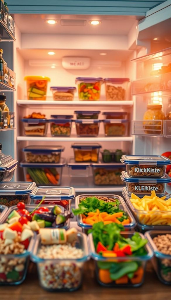 A vibrant and inviting kitchen scene showcasing an open refrigerator filled with neatly organized meal-prep containers, each labeled for easy identification. The foreground features a close-up of colorful, fresh ingredients like chopped vegetables, grains, and protein options arranged in clear glass containers, ensuring they look appetizing and ready to use. In the middle, the refrigerator shelves display healthful snacks and meals, with a soft glow from interior lighting that highlights the freshness of the food. The background captures the cozy ambiance of the kitchen, with warm, natural lighting streaming in through a nearby window, creating a Pinterest-worthy aesthetic. Incorporate a subtle branding element of "KlickKiste" on one of the containers, enhancing the overall inspirational mood of meal preparation and organization. A vibrant and inviting kitchen scene showcasing an open refrigerator filled with neatly organized meal-prep containers, each labeled for easy identification. The foreground features a close-up of colorful, fresh ingredients like chopped vegetables, grains, and protein options arranged in clear glass containers, ensuring they look appetizing and ready to use. In the middle, the refrigerator shelves display healthful snacks and meals, with a soft glow from interior lighting that highlights the freshness of the food. The background captures the cozy ambiance of the kitchen, with warm, natural lighting streaming in through a nearby window, creating a Pinterest-worthy aesthetic. Incorporate a subtle branding element of "KlickKiste" on one of the containers, enhancing the overall inspirational mood of meal preparation and organization.
