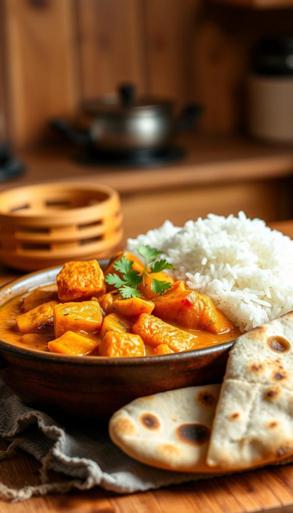 A vibrant and inviting "kürbis-paprika-curry" dish elegantly presented in a rustic bowl, filled with a rich, golden-orange curry featuring chunks of tender pumpkin and sweet bell peppers. In the foreground, a generous serving of fluffy white rice sits beside the curry, garnished with fresh herbs for a pop of green. The background features a warm, softly lit kitchen with wooden textures, and the ambient light casts a cozy glow, enhancing the dish's comfort-food appeal. A piece of warm naan bread lies partially unwrapped, invitingly placed next to the bowl. The overall mood is warm and homely, inspiring a sense of heartfelt cooking. The scene embodies the brand "KlickKiste," focusing on natural colors and a Pinterest-worthy aesthetic.
