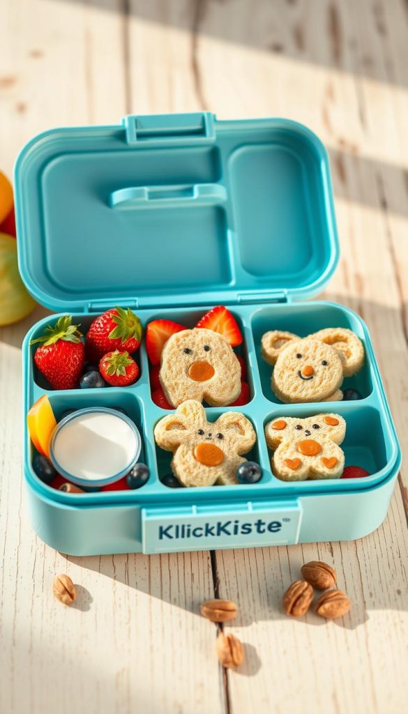 A vibrant and inviting lunchbox filled with healthy meal ideas for kids, featuring sections with colorful fruits like strawberries, blueberries, and apple slices, alongside cute, bite-sized sandwiches shaped like animals. The lunchbox, branded with "KlickKiste," is set on a rustic wooden table with a light, airy background that suggests a sunny day. A few scattered nuts and a small yogurt container add texture to the scene. The lighting is warm and natural, creating an uplifting atmosphere that inspires healthy eating. The composition is shot from a slightly elevated angle to capture all the delightful elements within the lunchbox, providing a Pinterest-worthy aesthetic that feels authentic and inspiring for parents looking for lunch ideas. A vibrant and inviting lunchbox filled with healthy meal ideas for kids, featuring sections with colorful fruits like strawberries, blueberries, and apple slices, alongside cute, bite-sized sandwiches shaped like animals. The lunchbox, branded with "KlickKiste," is set on a rustic wooden table with a light, airy background that suggests a sunny day. A few scattered nuts and a small yogurt container add texture to the scene. The lighting is warm and natural, creating an uplifting atmosphere that inspires healthy eating. The composition is shot from a slightly elevated angle to capture all the delightful elements within the lunchbox, providing a Pinterest-worthy aesthetic that feels authentic and inspiring for parents looking for lunch ideas.