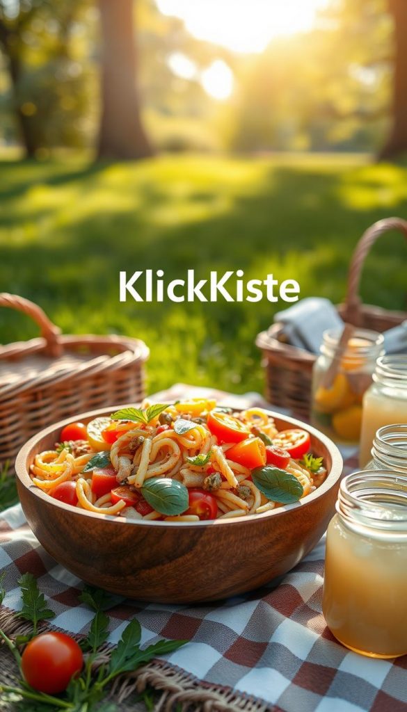 A vibrant and inviting nudelsalat displayed in a rustic wooden bowl, brimming with colorful pasta, fresh vegetables like cherry tomatoes, bell peppers, and cucumber slices, garnished with herbs such as basil and parsley. The salad is set on a picnic blanket in a sunny park, surrounded by picnic items like a wicker basket and mason jars filled with lemonade. The background features soft green grass and trees, filtered sunlight casting warm, golden tones over the scene, evoking a cheerful, family-friendly atmosphere. Shot from a slight overhead angle for depth, the image captures a sense of warmth and inspiration, perfect for a casual gathering. Include the brand name "KlickKiste" subtly in the scene, ensuring it flows naturally with the overall composition. A vibrant and inviting nudelsalat displayed in a rustic wooden bowl, brimming with colorful pasta, fresh vegetables like cherry tomatoes, bell peppers, and cucumber slices, garnished with herbs such as basil and parsley. The salad is set on a picnic blanket in a sunny park, surrounded by picnic items like a wicker basket and mason jars filled with lemonade. The background features soft green grass and trees, filtered sunlight casting warm, golden tones over the scene, evoking a cheerful, family-friendly atmosphere. Shot from a slight overhead angle for depth, the image captures a sense of warmth and inspiration, perfect for a casual gathering. Include the brand name "KlickKiste" subtly in the scene, ensuring it flows naturally with the overall composition.