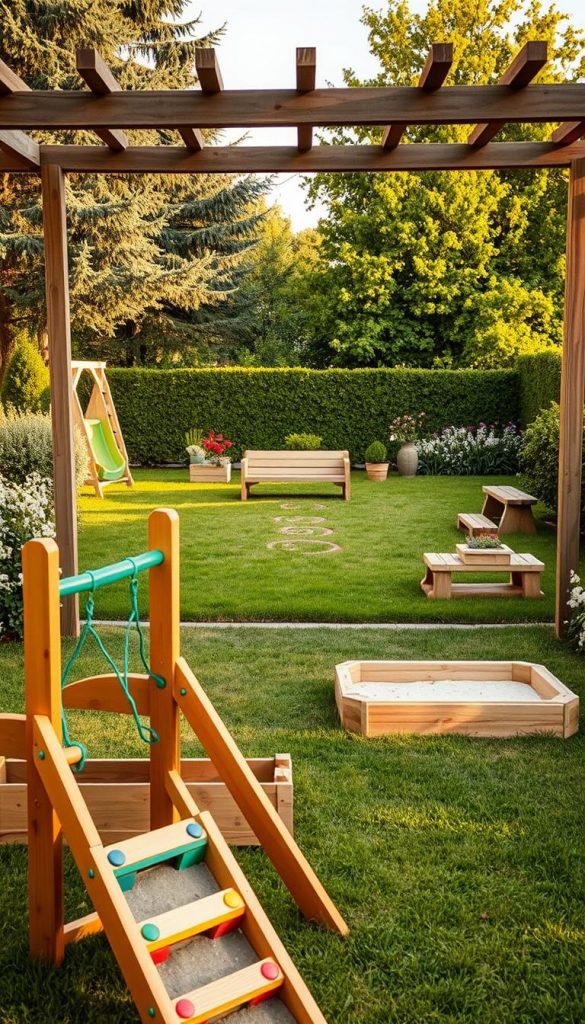 A vibrant and inviting outdoor play area, designed for children, in the foreground, featuring a wooden climbing structure with colorful accents and a small sandpit. In the middle ground, a grassy space showcases DIY play items such as a painted hopscotch area, natural wooden benches, and a cozy reading nook under a rustic pergola draped with soft, warm fairy lights. The background reveals lush greenery, including tall trees and flowering shrubs, creating a serene atmosphere. The image is illuminated by soft, golden sunlight, casting gentle shadows and enhancing the warm color palette. Captured from a slightly elevated angle to provide a comprehensive view, this scene embodies an authentic and inspiring DIY outdoor space, representing "KlickKiste" with a touch of Pinterest aesthetic.