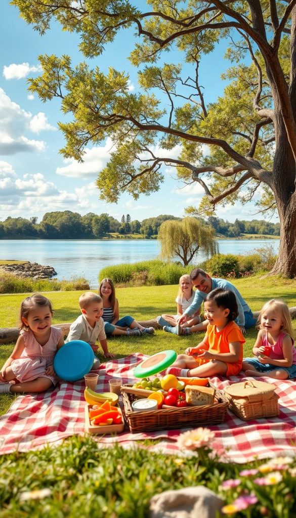 A vibrant and inviting park scene, perfect for a family-friendly picnic. In the foreground, a picnic blanket with an array of colorful, healthy snacks such as fruits and sandwiches, surrounded by smiling children in modest casual clothing playing with a frisbee. In the middle ground, a large tree provides shade, with families sitting on blankets and laughing together. To the background, a serene lake reflects the blue sky and fluffy white clouds, bordered by lush greenery and whimsical wildflowers. The scene is bathed in warm, natural light, evoking a cheerful, carefree atmosphere. Capture this idyllic moment with a wide-angle lens to highlight depth, showcasing the joy of spending time in nature. The overall mood is inspired by the aesthetic of "KlickKiste," inviting and genuine, perfect for inspiring family outings. A vibrant and inviting park scene, perfect for a family-friendly picnic. In the foreground, a picnic blanket with an array of colorful, healthy snacks such as fruits and sandwiches, surrounded by smiling children in modest casual clothing playing with a frisbee. In the middle ground, a large tree provides shade, with families sitting on blankets and laughing together. To the background, a serene lake reflects the blue sky and fluffy white clouds, bordered by lush greenery and whimsical wildflowers. The scene is bathed in warm, natural light, evoking a cheerful, carefree atmosphere. Capture this idyllic moment with a wide-angle lens to highlight depth, showcasing the joy of spending time in nature. The overall mood is inspired by the aesthetic of "KlickKiste," inviting and genuine, perfect for inspiring family outings.