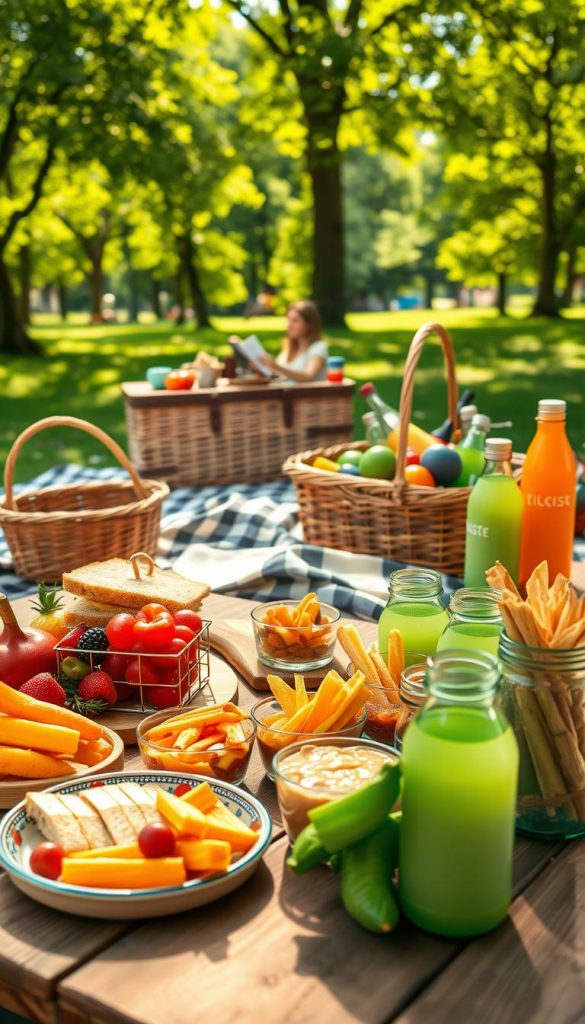 A vibrant and inviting picnic scene showcasing healthy lunch options for families, featuring an array of colorful, allergy-friendly dishes. In the foreground, a rustic wooden picnic table is adorned with fresh fruits, whole grain sandwiches, crunchy vegetable sticks, and homemade dips presented in charming glass containers. The middle ground reveals a soft, checkered blanket with a picnic basket overflowing with healthy snacks and drinks in reusable bottles. In the background, a picturesque park setting with green trees and soft sunlight filtering through leaves casts a warm, inviting glow. The overall atmosphere is relaxed and joyful, inviting families to gather and share wholesome meals together in nature. The image should reflect a “Pinterest” aesthetic, capturing authentic moments and inspiring viewers. Include subtle branding elements to indicate “KlickKiste” as part of the scene. A vibrant and inviting picnic scene showcasing healthy lunch options for families, featuring an array of colorful, allergy-friendly dishes. In the foreground, a rustic wooden picnic table is adorned with fresh fruits, whole grain sandwiches, crunchy vegetable sticks, and homemade dips presented in charming glass containers. The middle ground reveals a soft, checkered blanket with a picnic basket overflowing with healthy snacks and drinks in reusable bottles. In the background, a picturesque park setting with green trees and soft sunlight filtering through leaves casts a warm, inviting glow. The overall atmosphere is relaxed and joyful, inviting families to gather and share wholesome meals together in nature. The image should reflect a “Pinterest” aesthetic, capturing authentic moments and inspiring viewers. Include subtle branding elements to indicate “KlickKiste” as part of the scene.