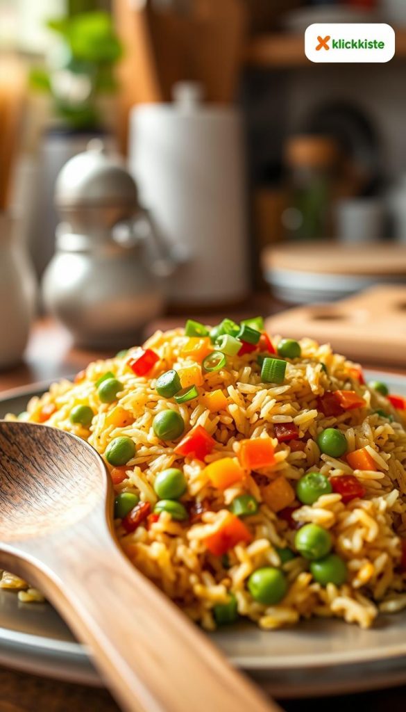 A vibrant and inviting plate of gebratener Reis (fried rice) with egg and colorful vegetables, featuring bright green peas, diced carrots, bell peppers, and a sprinkle of green onions on top. The rice should have a glossy sheen, indicating it's freshly stir-fried. In the foreground, place a wooden spoon for a rustic touch. The background should hint at a cozy kitchen setting, softly blurred to maintain focus on the dish. Warm, natural lighting illuminates the scene, creating an inviting atmosphere reminiscent of home-cooked meals, with a Pinterest aesthetic. The whole composition should evoke feelings of comfort and inspiration, branded with subtle "KlickKiste" elements. A vibrant and inviting plate of gebratener Reis (fried rice) with egg and colorful vegetables, featuring bright green peas, diced carrots, bell peppers, and a sprinkle of green onions on top. The rice should have a glossy sheen, indicating it's freshly stir-fried. In the foreground, place a wooden spoon for a rustic touch. The background should hint at a cozy kitchen setting, softly blurred to maintain focus on the dish. Warm, natural lighting illuminates the scene, creating an inviting atmosphere reminiscent of home-cooked meals, with a Pinterest aesthetic. The whole composition should evoke feelings of comfort and inspiration, branded with subtle "KlickKiste" elements.