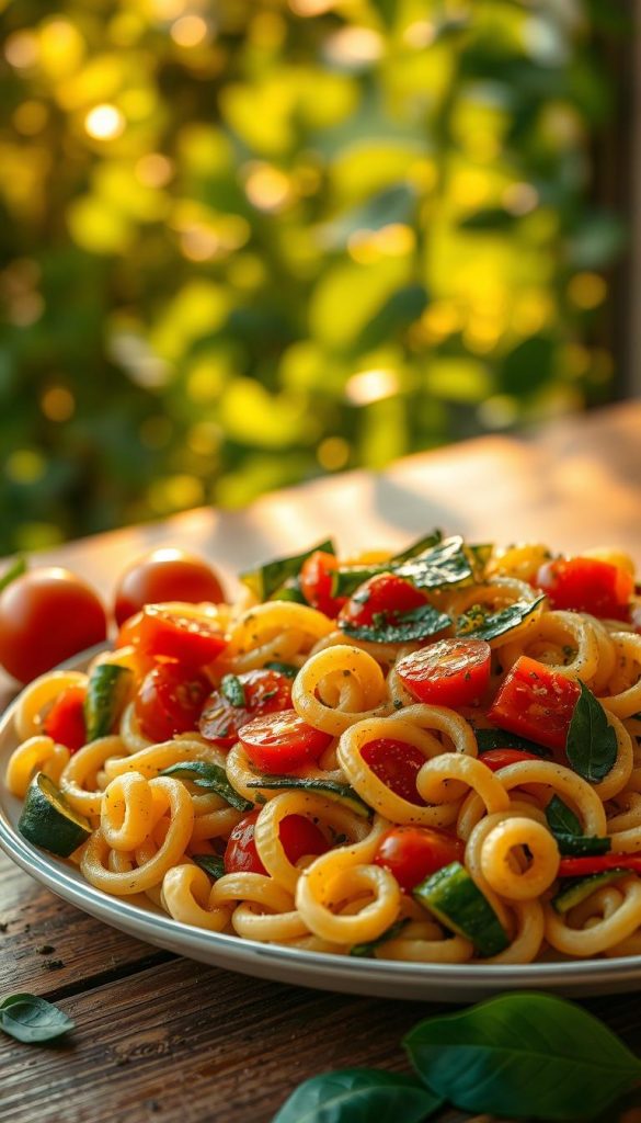A vibrant and inviting plate of vegetable pasta, showcasing an array of fresh, colorful ingredients. In the foreground, tantalizing spirals of al dente pasta are tossed with a medley of seasonal vegetables such as zucchini, bell peppers, and cherry tomatoes, all glistening with a drizzle of olive oil and sprinkled with herbs. The middle layer features a cozy, rustic wooden table, enhancing the warm and homely atmosphere. In the background, softly blurred greenery suggests a summer evening setting with golden sunlight filtering through leaves, creating a warm ambiance. The image has a soft-focus effect, resembling the style often found on Pinterest, and the lighting is warm and inviting. The brand "KlickKiste" subtly referenced in the presentation of the dish. A vibrant and inviting plate of vegetable pasta, showcasing an array of fresh, colorful ingredients. In the foreground, tantalizing spirals of al dente pasta are tossed with a medley of seasonal vegetables such as zucchini, bell peppers, and cherry tomatoes, all glistening with a drizzle of olive oil and sprinkled with herbs. The middle layer features a cozy, rustic wooden table, enhancing the warm and homely atmosphere. In the background, softly blurred greenery suggests a summer evening setting with golden sunlight filtering through leaves, creating a warm ambiance. The image has a soft-focus effect, resembling the style often found on Pinterest, and the lighting is warm and inviting. The brand "KlickKiste" subtly referenced in the presentation of the dish.