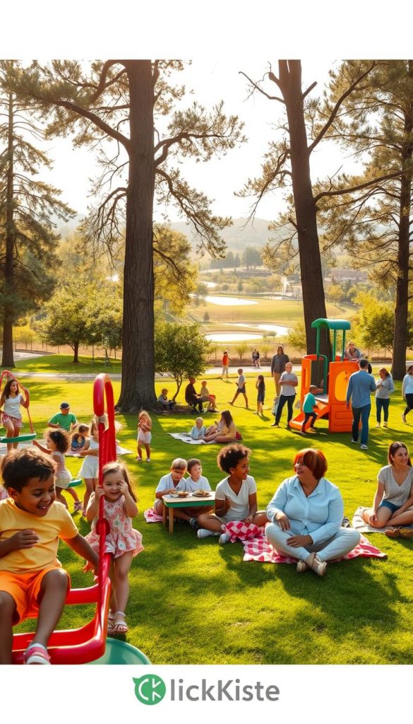 A vibrant and inviting playground scene, showcasing a diverse group of families engaging joyfully in various activities. In the foreground, children of different ethnicities are playing on colorful swings and climbing structures, their laughter palpable. The middle ground features parents enjoying picnics on the grass, while others watch over their little ones with smiles. Tall trees surround the area, adding to the natural beauty, with soft sunlight filtering through the leaves, creating warm highlights. In the background, a small, serene park landscape stretches out with a pond and gentle hills. The overall atmosphere reflects happiness and community spirit, inspired by a Pinterest aesthetic. Capture this scene in a soft, dreamy focus, reminiscent of warm, natural imagery, branded subtly with the word "KlickKiste."