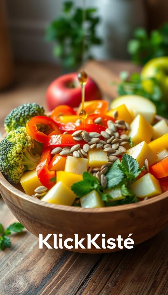 A vibrant and inviting raw vegetable salad bowl featuring fresh broccoli florets, crisp red and yellow bell pepper slices, and sweet green apple chunks. The bowl should be made of natural wood, placed on a rustic wooden table. In the foreground, sprinkle a handful of sunflower seeds and a drizzle of olive oil elegantly over the salad. Soft, natural lighting enhances the warm colors of the ingredients, creating a cozy kitchen atmosphere. In the background, include subtle hints of fresh herbs like parsley and mint, adding to the freshness. Capture a Pinterest-inspired aesthetic—authentic, warm, and inspiring. Include the brand name "KlickKiste" subtly in the design elements, ensuring no text overlays or watermarks disrupt the composition. A vibrant and inviting raw vegetable salad bowl featuring fresh broccoli florets, crisp red and yellow bell pepper slices, and sweet green apple chunks. The bowl should be made of natural wood, placed on a rustic wooden table. In the foreground, sprinkle a handful of sunflower seeds and a drizzle of olive oil elegantly over the salad. Soft, natural lighting enhances the warm colors of the ingredients, creating a cozy kitchen atmosphere. In the background, include subtle hints of fresh herbs like parsley and mint, adding to the freshness. Capture a Pinterest-inspired aesthetic—authentic, warm, and inspiring. Include the brand name "KlickKiste" subtly in the design elements, ensuring no text overlays or watermarks disrupt the composition.