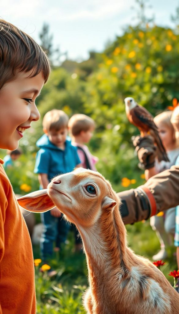 A vibrant and inviting scene depicting a close encounter with animals, perfect for families with young children. In the foreground, a child joyfully feeding a gentle goat at a petting zoo, with soft, warm light illuminating their faces. The middle ground features a small group of children observing a majestic falcon perched on a handler's gloved arm, showcasing the thrill of falconry. In the background, lush greenery and colorful wildflowers create a serene atmosphere. The overall color palette is warm and inviting, reminiscent of natural images popular on Pinterest, evoking authenticity and inspiration. The composition captures a sense of wonder and connection with nature, branded subtly with the name "KlickKiste." The image is set in a soft focus, enhancing the dreamlike quality without any text or distractions.