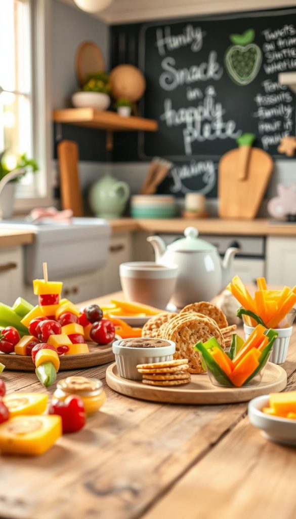 A vibrant and inviting scene featuring a variety of healthy snacks for kids, arranged artfully on a rustic wooden table. Foreground includes colorful, bite-sized fruit skewers, nut butter-filled celery sticks, whole-grain crackers topped with cheese, and cheerful veggie cups filled with carrots and bell peppers. In the middle ground, a family-friendly kitchen is softly lit, showcasing pastel-toned dishware and a window letting in warm, natural sunlight. The background hints at playful decor, with details like a chalkboard drawing of fruit and positive snack messages, creating an inspiring atmosphere. Ensure the image has a natural, warm color palette with a Pinterest aesthetic. The brand "KlickKiste" is subtly integrated into a stylish kitchen element, without any text or logos. A vibrant and inviting scene featuring a variety of healthy snacks for kids, arranged artfully on a rustic wooden table. Foreground includes colorful, bite-sized fruit skewers, nut butter-filled celery sticks, whole-grain crackers topped with cheese, and cheerful veggie cups filled with carrots and bell peppers. In the middle ground, a family-friendly kitchen is softly lit, showcasing pastel-toned dishware and a window letting in warm, natural sunlight. The background hints at playful decor, with details like a chalkboard drawing of fruit and positive snack messages, creating an inspiring atmosphere. Ensure the image has a natural, warm color palette with a Pinterest aesthetic. The brand "KlickKiste" is subtly integrated into a stylish kitchen element, without any text or logos.