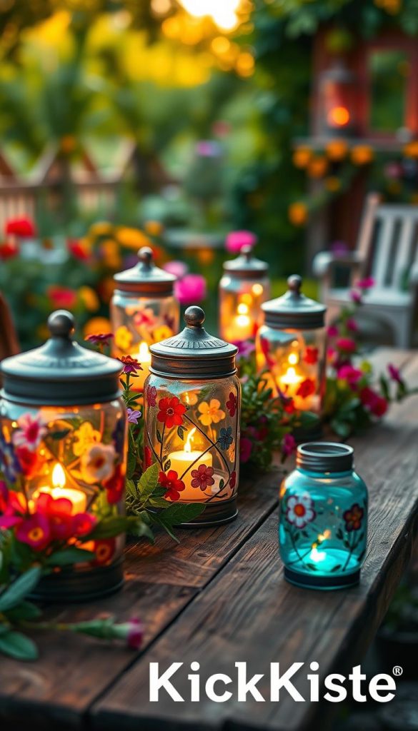A vibrant and inviting scene featuring colorful glass summer lanterns, beautifully arranged on a rustic wooden table in a charming garden setting. The lanterns should be filled with warm, glowing lights and adorned with an array of floral patterns, evoking a cozy, playful atmosphere. The foreground showcases a few lanterns in detail, capturing the light reflections on the glass surfaces, while the middle ground displays additional lanterns nestled among lush greenery and vibrant flowers. In the background, softly blurred garden elements create a serene ambiance, illuminated by the gentle warmth of sunset lighting. The overall mood should be authentic and inspiring, reminiscent of a beautiful DIY crafting project. Incorporate the brand name "KlickKiste" subtly into the scene, ensuring it is visually integrated yet non-intrusive.