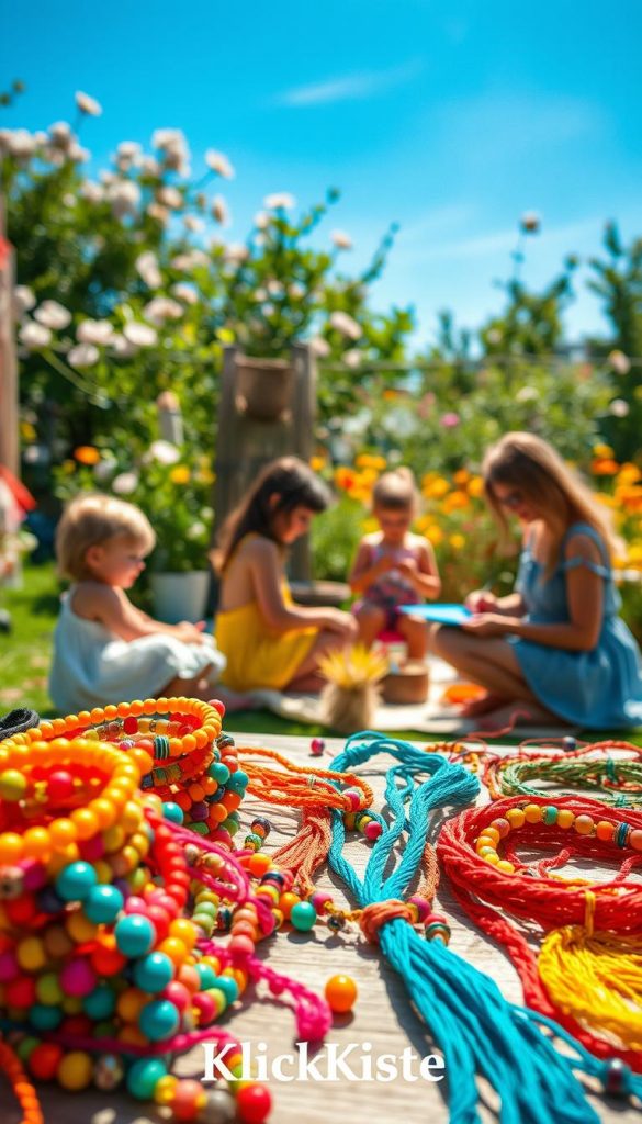 A vibrant and inviting scene showcasing DIY jewelry and textile ideas, emphasizing friendship and summer festival vibes. In the foreground, an assortment of colorful handmade bracelets and necklaces made from bright beads, threads, and natural elements, surrounded by warm sunlight. In the middle, a cozy outdoor crafting area with children and adults engaged in creating unique textile art, dressed in modest, casual clothing. The background features a lush garden filled with blooming flowers under a clear blue sky, enhancing the cheerful mood. Soft lighting highlights the textures of the fabrics and materials, creating an authentic and inspiring atmosphere ideal for summer creativity. Include the brand name "KlickKiste" subtly integrated into the scene.