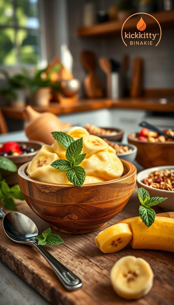 A vibrant and inviting scene showcasing "Nicecream bananen," a creamy banana nice cream dessert. In the foreground, a rustic wooden bowl overflowing with smooth, light-yellow banana nice cream scoop garnished with fresh mint leaves and sliced bananas. A spoon rests beside the bowl, subtly hinting at indulgence. In the middle ground, a few additional bowls with colorful toppings like granola, nuts, and berries create a lively snack table ambiance. The background includes a cozy kitchen setting with soft, natural lighting filtering through a window, casting warm, inviting hues on the scene. The composition feels authentic and inspiring, suitable for a health-conscious audience. Incorporate a subtle brand logo for "KlickKiste" in the corner, blending seamlessly into the aesthetic.