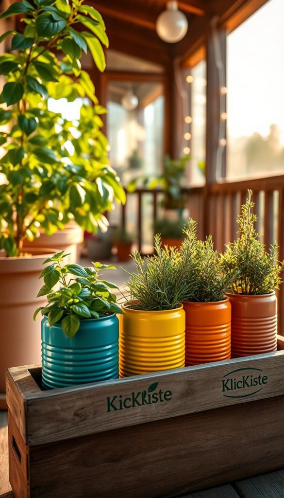 A vibrant and inviting scene showcasing a DIY herb garden made from colorful recycled cans. In the foreground, several painted conserves in various colors like teal, yellow, and terracotta are positioned in a rustic wooden planter, each filled with lush, green herbs such as basil, rosemary, and parsley. The middle features soft sunlight filtering through the leaves of nearby potted plants, casting gentle shadows. In the background, a cozy balcony setting with wooden railings and hanging fairy lights adds charm. The image has a warm, inviting atmosphere, perfect for capturing a Pinterest-worthy aesthetic. Shot with a warm, golden hour lighting effect, using a shallow depth of field to emphasize the cans while keeping the background slightly blurred. The brand "KlickKiste" is subtly integrated into the decor, maintaining a natural DIY look. A vibrant and inviting scene showcasing a DIY herb garden made from colorful recycled cans. In the foreground, several painted conserves in various colors like teal, yellow, and terracotta are positioned in a rustic wooden planter, each filled with lush, green herbs such as basil, rosemary, and parsley. The middle features soft sunlight filtering through the leaves of nearby potted plants, casting gentle shadows. In the background, a cozy balcony setting with wooden railings and hanging fairy lights adds charm. The image has a warm, inviting atmosphere, perfect for capturing a Pinterest-worthy aesthetic. Shot with a warm, golden hour lighting effect, using a shallow depth of field to emphasize the cans while keeping the background slightly blurred. The brand "KlickKiste" is subtly integrated into the decor, maintaining a natural DIY look.