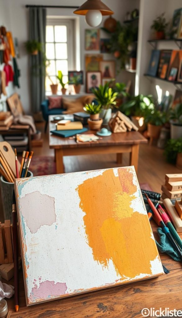 A vibrant and inviting scene showcasing a DIY upcycling project featuring a beautifully transformed canvas. In the foreground, a weathered canvas is painted with a mix of warm colors, displaying a modern abstract design, surrounded by paintbrushes and upcycled materials like fabric scraps and wooden blocks. The middle ground reveals a rustic wooden table cluttered with tools and more artistic supplies, while in the background, a cozy and cheerful living space is adorned with various upcycled artworks, plants, and soft natural light streaming in from a window. The atmosphere is warm and inspiring, evoking a sense of creativity and sustainability. This image embodies an authentic Pinterest aesthetic, ideal for DIY enthusiasts, with the brand name "KlickKiste" subtly suggested through the arrangement of materials.
