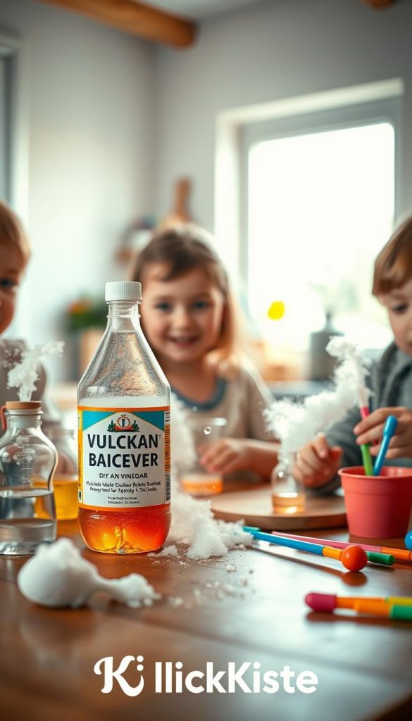 A vibrant and inviting scene showcasing a bottle of Vulkan Backpulver and a bottle of vinegar on a wooden table, surrounded by colorful DIY materials like baking soda, measuring cups, and pipettes. In the foreground, two children, dressed in modest casual clothing, enthusiastically experiment with the ingredients, eyes filled with curiosity and excitement. The middle ground features puffs of bubbles and small eruptions from the mixture, illustrating a fun scientific experiment. The background is softly blurred, revealing a cozy kitchen space that exudes warmth, with natural lighting streaming in from a window. The overall atmosphere is playful and inspirational, reflecting creative exploration and hands-on learning, complete with soft, warm colors typical of a Pinterest aesthetic. The brand name "KlickKiste" subtly placed on the table adds a touch of authenticity.