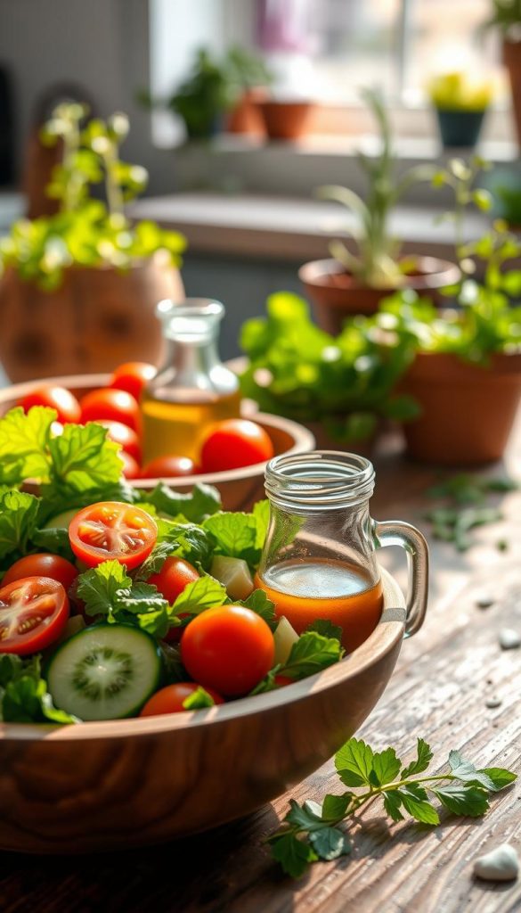 A vibrant and inviting scene showcasing a delicious dressing for a salad. In the foreground, a wooden bowl filled with a colorful mix of fresh greens, cherry tomatoes, and crunchy cucumbers, garnished with herbs. Beside the bowl, a small glass jar of homemade dressing, with a drizzle of balsamic vinegar glistening under warm, natural light. In the middle, an array of ingredients for the dressing, including olive oil, mustard, and fresh herbs, artfully arranged on a rustic wooden table. In the background, blurred hints of a sunlit kitchen with herbs growing in pots, enhancing the natural ambiance. The overall atmosphere conveys warmth and freshness, echoing a cozy, inspiring kitchen environment perfect for quick grill salads. This image embodies the brand "KlickKiste" with its natural aesthetic and Pinterest-worthy style. A vibrant and inviting scene showcasing a delicious dressing for a salad. In the foreground, a wooden bowl filled with a colorful mix of fresh greens, cherry tomatoes, and crunchy cucumbers, garnished with herbs. Beside the bowl, a small glass jar of homemade dressing, with a drizzle of balsamic vinegar glistening under warm, natural light. In the middle, an array of ingredients for the dressing, including olive oil, mustard, and fresh herbs, artfully arranged on a rustic wooden table. In the background, blurred hints of a sunlit kitchen with herbs growing in pots, enhancing the natural ambiance. The overall atmosphere conveys warmth and freshness, echoing a cozy, inspiring kitchen environment perfect for quick grill salads. This image embodies the brand "KlickKiste" with its natural aesthetic and Pinterest-worthy style.