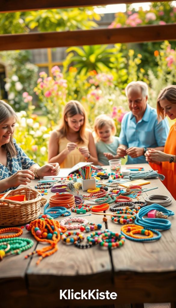 A vibrant and inviting scene showcasing a family engaged in crafting handmade jewelry and friendship bracelets. In the foreground, a colorful array of beads, strings, and crafting tools is neatly arranged on a rustic wooden table. The middle ground features a diverse family—adults and children—carefully making bracelets, exuding joy and creativity. They wear casual, modest clothing in bright colors, reflecting a warm summer day. The background presents a sunlit garden with blooming flowers and greenery, enhancing the cheerful atmosphere. Soft, natural lighting illuminates the scene, creating a cheerful and inspirational mood. Overall, the image captures the essence of a joyous DIY summer activity, branded with the name "KlickKiste."