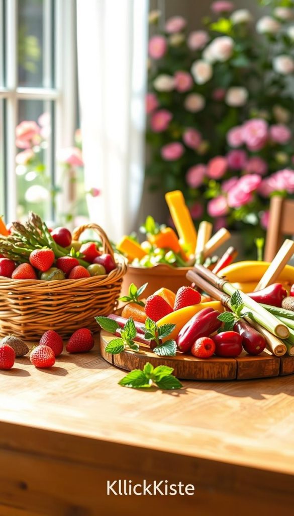 A vibrant and inviting spring-themed arrangement of assorted fresh fruits and vegetables on a wooden table, showcasing seasonal delights like strawberries, asparagus, and rhubarb. In the foreground, a rustic wicker basket overflows with colorful fruits, illuminated by soft, natural sunlight streaming from a nearby window. The middle ground features a beautifully arranged fruit platter, artfully garnished with mint leaves, while a few fresh veggie sticks add contrast. In the background, a blurred garden view with blooming flowers creates a warm, inviting atmosphere. The scene embodies a natural Pinterest-inspired aesthetic, with warm hues that inspire healthy eating for children. This artwork represents "KlickKiste" and captures the essence of seasonal breakfast joy. A vibrant and inviting spring-themed arrangement of assorted fresh fruits and vegetables on a wooden table, showcasing seasonal delights like strawberries, asparagus, and rhubarb. In the foreground, a rustic wicker basket overflows with colorful fruits, illuminated by soft, natural sunlight streaming from a nearby window. The middle ground features a beautifully arranged fruit platter, artfully garnished with mint leaves, while a few fresh veggie sticks add contrast. In the background, a blurred garden view with blooming flowers creates a warm, inviting atmosphere. The scene embodies a natural Pinterest-inspired aesthetic, with warm hues that inspire healthy eating for children. This artwork represents "KlickKiste" and captures the essence of seasonal breakfast joy.