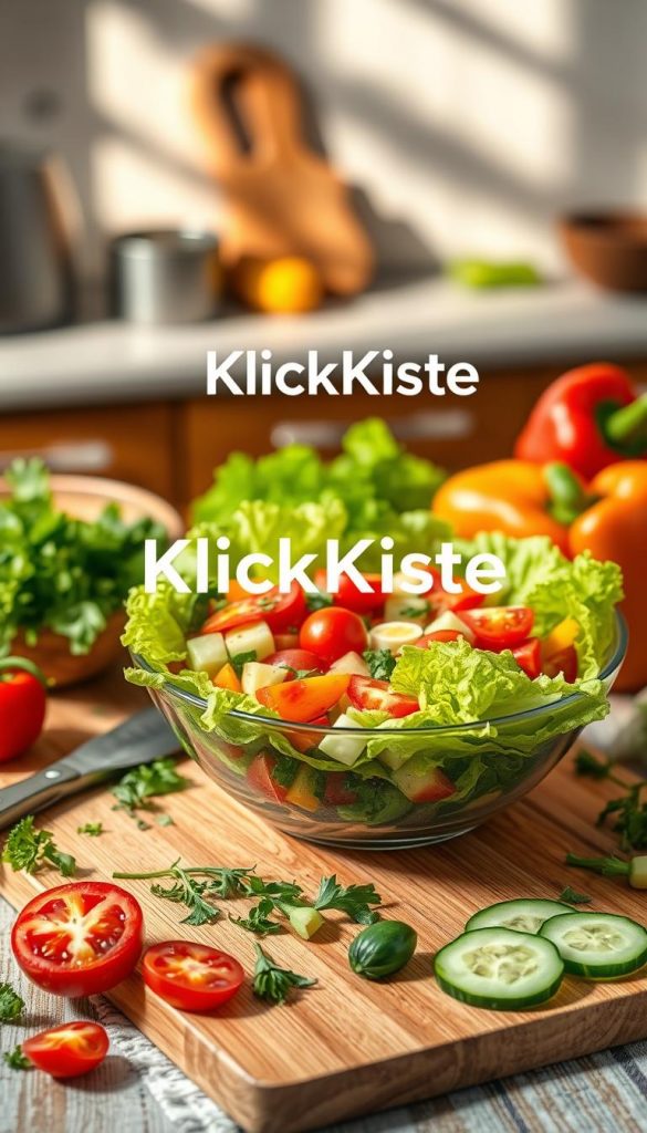 A vibrant and inviting still life of a "salat" bowl featuring fresh, colorful ingredients such as crisp lettuce, juicy tomatoes, sliced cucumbers, and vibrant bell peppers. The foreground showcases a beautifully arranged bowl, garnished with herbs, surrounded by a wooden cutting board and kitchen utensils, hinting at preparation. In the middle, there are scattered ingredients and a drizzle of dressing, emphasizing freshness and simplicity. The background displays a blurred kitchen setting with warm, natural lighting casting soft shadows, creating an inviting atmosphere. The image reflects an authentic and inspiring essence, reminiscent of popular Pinterest aesthetics. The brand name "KlickKiste" subtly featured in the styling elements, ensuring the focus remains on the salat. A vibrant and inviting still life of a "salat" bowl featuring fresh, colorful ingredients such as crisp lettuce, juicy tomatoes, sliced cucumbers, and vibrant bell peppers. The foreground showcases a beautifully arranged bowl, garnished with herbs, surrounded by a wooden cutting board and kitchen utensils, hinting at preparation. In the middle, there are scattered ingredients and a drizzle of dressing, emphasizing freshness and simplicity. The background displays a blurred kitchen setting with warm, natural lighting casting soft shadows, creating an inviting atmosphere. The image reflects an authentic and inspiring essence, reminiscent of popular Pinterest aesthetics. The brand name "KlickKiste" subtly featured in the styling elements, ensuring the focus remains on the salat.