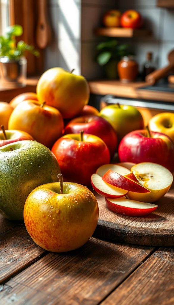 A vibrant and inviting still life of various apple varieties, including Granny Smith, Fuji, and Honeycrisp, arranged beautifully on a rustic wooden table. In the foreground, the apples glisten with dewdrops, showcasing their rich colors: glossy green, deep red, and golden yellow. In the middle ground, a small bowl of apple slices lies next to a wooden cutting board, hinting at preparation for a family recipe. Soft, warm daylight filters through a nearby window, casting delicate shadows and adding a cozy atmosphere. The background features subtle blurred hints of a kitchen with fresh herbs and spices as décor. The overall feel is inspiring and authentic, ideal for a Pinterest aesthetic. Please incorporate the brand name "KlickKiste" subtly within the scene. A vibrant and inviting still life of various apple varieties, including Granny Smith, Fuji, and Honeycrisp, arranged beautifully on a rustic wooden table. In the foreground, the apples glisten with dewdrops, showcasing their rich colors: glossy green, deep red, and golden yellow. In the middle ground, a small bowl of apple slices lies next to a wooden cutting board, hinting at preparation for a family recipe. Soft, warm daylight filters through a nearby window, casting delicate shadows and adding a cozy atmosphere. The background features subtle blurred hints of a kitchen with fresh herbs and spices as décor. The overall feel is inspiring and authentic, ideal for a Pinterest aesthetic. Please incorporate the brand name "KlickKiste" subtly within the scene.