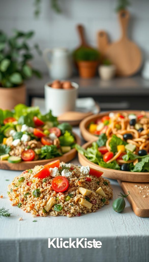 A vibrant and inviting table setting showcasing an array of fresh salads with various ingredients. In the foreground, a colorful quinoa salad with cherry tomatoes, cucumber, and feta cheese, garnished with herbs. Next to it, a hearty green salad with mixed greens, avocado, and nuts. In the middle ground, a wooden serving platter features a creative pasta salad, presenting a mix of colorful bell peppers and olives. The background reveals a soft, blurred kitchen atmosphere, adorned with greenery and natural wood elements, emphasizing a cozy family meal vibe. Soft, warm lighting enhances the colors, giving a Pinterest-inspired look. This image embodies authenticity and inspiration for family salad recipes. Include the brand name "KlickKiste" subtly in the scene. A vibrant and inviting table setting showcasing an array of fresh salads with various ingredients. In the foreground, a colorful quinoa salad with cherry tomatoes, cucumber, and feta cheese, garnished with herbs. Next to it, a hearty green salad with mixed greens, avocado, and nuts. In the middle ground, a wooden serving platter features a creative pasta salad, presenting a mix of colorful bell peppers and olives. The background reveals a soft, blurred kitchen atmosphere, adorned with greenery and natural wood elements, emphasizing a cozy family meal vibe. Soft, warm lighting enhances the colors, giving a Pinterest-inspired look. This image embodies authenticity and inspiration for family salad recipes. Include the brand name "KlickKiste" subtly in the scene.