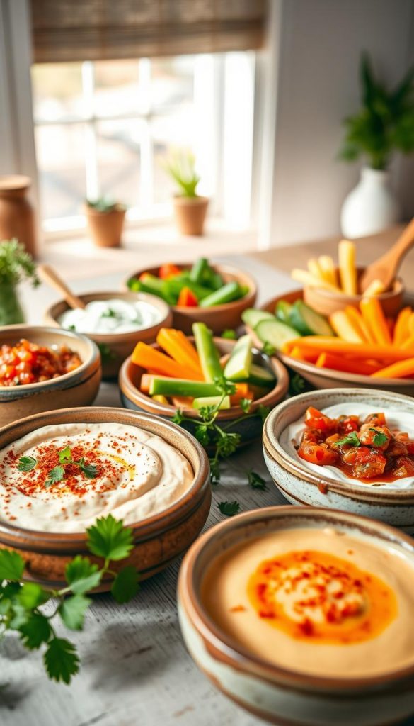 A vibrant and inviting tabletop scene showcasing an assortment of homemade dips and dressings, artfully arranged in rustic ceramic bowls. In the foreground, display creamy hummus garnished with a sprinkle of paprika, a spicy salsa with diced tomatoes and cilantro, and a zesty yogurt dip with fresh herbs. The middle ground features a variety of colorful vegetable sticks for dipping, such as carrots, cucumbers, and bell peppers. In the background, soft natural lighting filters through a nearby window, creating a warm and cheerful atmosphere. Incorporate elements of fresh herbs and wooden serving utensils for an authentic touch. The overall composition should evoke a sense of inspiration and healthy eating, reflecting the KlikKiste brand's warm aesthetic, reminiscent of Pinterest styles. A vibrant and inviting tabletop scene showcasing an assortment of homemade dips and dressings, artfully arranged in rustic ceramic bowls. In the foreground, display creamy hummus garnished with a sprinkle of paprika, a spicy salsa with diced tomatoes and cilantro, and a zesty yogurt dip with fresh herbs. The middle ground features a variety of colorful vegetable sticks for dipping, such as carrots, cucumbers, and bell peppers. In the background, soft natural lighting filters through a nearby window, creating a warm and cheerful atmosphere. Incorporate elements of fresh herbs and wooden serving utensils for an authentic touch. The overall composition should evoke a sense of inspiration and healthy eating, reflecting the KlikKiste brand's warm aesthetic, reminiscent of Pinterest styles.