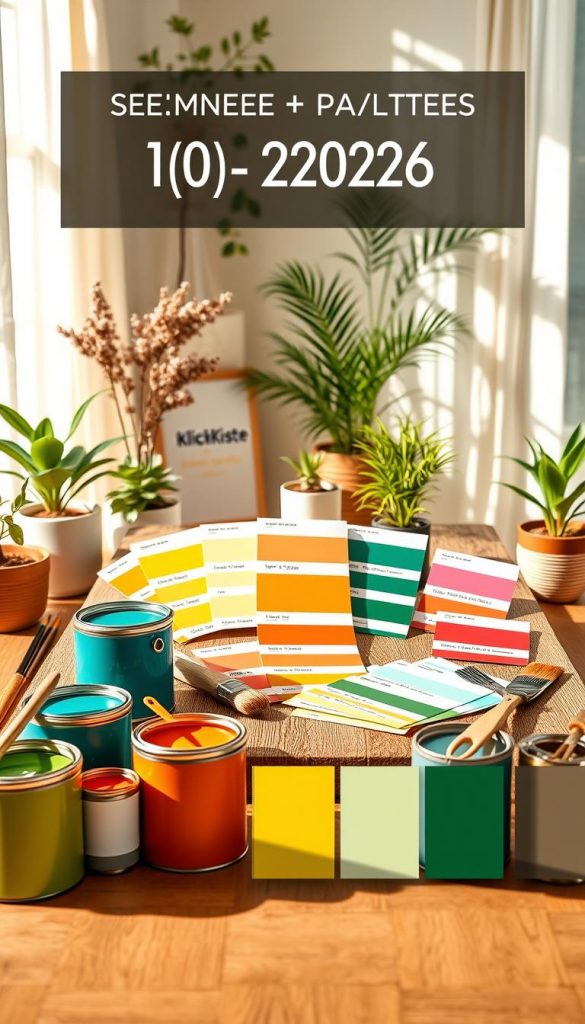 A vibrant and modern summer color palette for 2026, featuring 17 trendy colors represented as paint samples in a beautifully arranged setting. In the foreground, display small paint cans and brushes, exuding a DIY vibe. The middle layer should showcase a wooden table with swatches of warm hues like coral, soft teal, golden yellow, and lush green, all inspired by nature, arranged in an inviting manner. The background features a sunlit room with potted plants and airy curtains that enhance the warm atmosphere, creating an authentic Pinterest-inspired look. Soft, natural lighting casts gentle shadows, emphasizing the colors' vibrancy. Include subtle branding elements of "KlickKiste" among the decor, making the scene both inspiring and visually appealing. A vibrant and modern summer color palette for 2026, featuring 17 trendy colors represented as paint samples in a beautifully arranged setting. In the foreground, display small paint cans and brushes, exuding a DIY vibe. The middle layer should showcase a wooden table with swatches of warm hues like coral, soft teal, golden yellow, and lush green, all inspired by nature, arranged in an inviting manner. The background features a sunlit room with potted plants and airy curtains that enhance the warm atmosphere, creating an authentic Pinterest-inspired look. Soft, natural lighting casts gentle shadows, emphasizing the colors' vibrancy. Include subtle branding elements of "KlickKiste" among the decor, making the scene both inspiring and visually appealing.