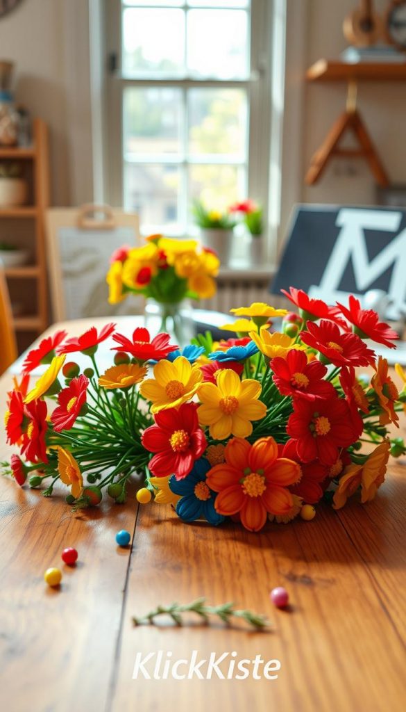 A vibrant and nostalgic scene featuring handmade bügelperlen flowers in an array of bright colors, including reds, yellows, blues, and greens, delicately arranged on a warm wooden table. In the foreground, a cluster of flowers in varying sizes and shapes, with intricate details showcasing the plastic beads' texture and light reflections. The middle ground includes a few scattered crafting tools, such as pegboards and iron paper, to enhance the DIY aspect. In the background, soft natural light filters through a window, creating a warm and inviting atmosphere reminiscent of a cheerful spring day. The overall mood is authentic and inspiring, evoking creativity and joy, with a slight Pinterest aesthetic. Include a small, natural element, like a sprig of greenery, for added warmth, while subtly indicating the brand name "KlickKiste".