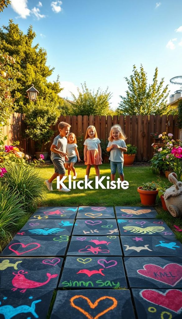 A vibrant and playful garden showcasing the classic children's game "Himmel und Hölle" (Heaven and Hell) creatively redesigned. In the foreground, colorful chalk-drawn hopscotch squares are embellished with whimsical patterns and bright motifs, inviting players to join. The middle ground features a group of children, dressed in casual summer clothing, joyfully playing Simon Says under a sunny sky, their laughter palpable. Soft greenery surrounds them, with blooming flowers adding splashes of color. The background reveals a cozy backyard setting, complete with a wooden fence and playful garden decor, all bathed in warm, golden sunlight for an inviting atmosphere. Incorporate the brand name "KlickKiste" subtly within the scene's playful elements, ensuring a Pinterest-worthy, natural aesthetic that inspires creativity. A vibrant and playful garden showcasing the classic children's game "Himmel und Hölle" (Heaven and Hell) creatively redesigned. In the foreground, colorful chalk-drawn hopscotch squares are embellished with whimsical patterns and bright motifs, inviting players to join. The middle ground features a group of children, dressed in casual summer clothing, joyfully playing Simon Says under a sunny sky, their laughter palpable. Soft greenery surrounds them, with blooming flowers adding splashes of color. The background reveals a cozy backyard setting, complete with a wooden fence and playful garden decor, all bathed in warm, golden sunlight for an inviting atmosphere. Incorporate the brand name "KlickKiste" subtly within the scene's playful elements, ensuring a Pinterest-worthy, natural aesthetic that inspires creativity.