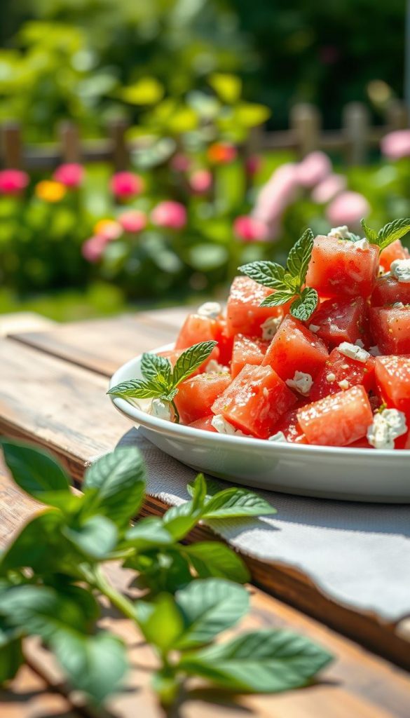 A vibrant and refreshing "Watermelon Feta Salad" beautifully presented on a rustic wooden table. The salad features juicy, pink watermelon cubes mixed with crumbled white feta cheese, garnished with fresh mint leaves and a drizzle of zesty lime dressing. In the foreground, the textures of the watermelon and feta are highlighted, showcasing their vibrant colors. The background includes a soft-focus, sunlit garden scene with lush greenery, emphasizing a warm, inviting summer atmosphere. The lighting is natural and bright, creating a cheerful mood reminiscent of Pinterest-worthy lifestyle images. This authentic and inspiring composition embodies the essence of summer, presented by KlickKiste. A vibrant and refreshing "Watermelon Feta Salad" beautifully presented on a rustic wooden table. The salad features juicy, pink watermelon cubes mixed with crumbled white feta cheese, garnished with fresh mint leaves and a drizzle of zesty lime dressing. In the foreground, the textures of the watermelon and feta are highlighted, showcasing their vibrant colors. The background includes a soft-focus, sunlit garden scene with lush greenery, emphasizing a warm, inviting summer atmosphere. The lighting is natural and bright, creating a cheerful mood reminiscent of Pinterest-worthy lifestyle images. This authentic and inspiring composition embodies the essence of summer, presented by KlickKiste.