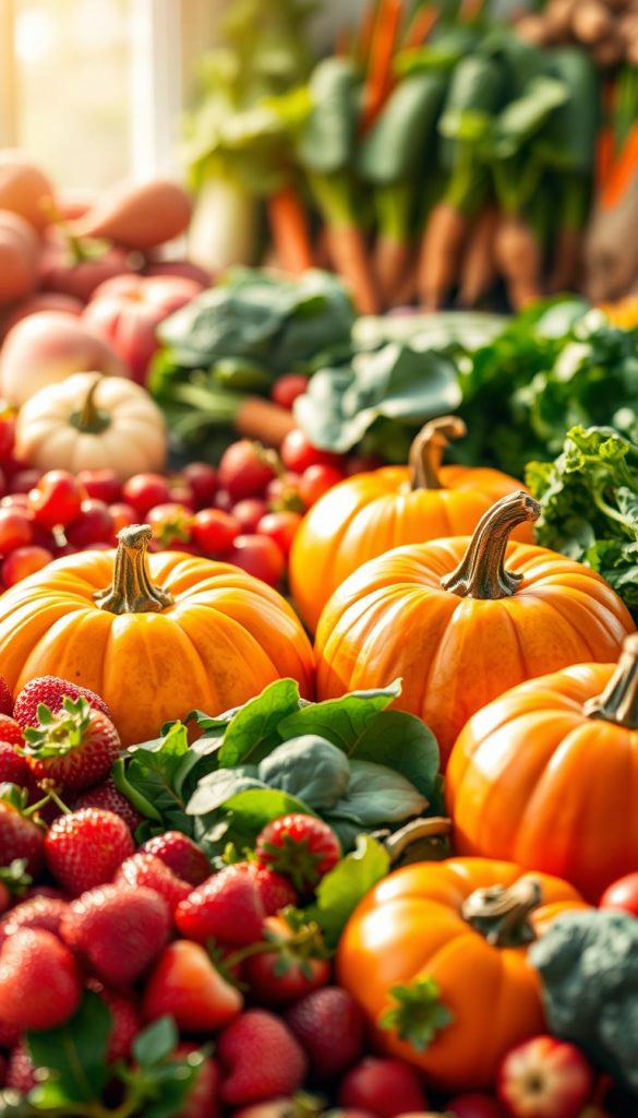 A vibrant and seasonal display of fresh fruits and vegetables beautifully arranged to represent spring, summer, autumn, and winter. In the foreground, lush strawberries and cherries evoke the warmth of summer, while bright pumpkins and apples embody the richness of autumn. The middle ground features a medley of green leafy vegetables, like spinach and kale, symbolizing spring. In the background, a cozy winter scene with root vegetables, such as carrots and potatoes, adds depth. The lighting is soft and warm, creating a sunlit ambiance. The angle is slightly tilted to capture depth, giving an inspirational Pinterest-style look, reflecting the essence of natural beauty. The image should be branded with "KlickKiste" subtly integrated into the design, without any text overlays. A vibrant and seasonal display of fresh fruits and vegetables beautifully arranged to represent spring, summer, autumn, and winter. In the foreground, lush strawberries and cherries evoke the warmth of summer, while bright pumpkins and apples embody the richness of autumn. The middle ground features a medley of green leafy vegetables, like spinach and kale, symbolizing spring. In the background, a cozy winter scene with root vegetables, such as carrots and potatoes, adds depth. The lighting is soft and warm, creating a sunlit ambiance. The angle is slightly tilted to capture depth, giving an inspirational Pinterest-style look, reflecting the essence of natural beauty. The image should be branded with "KlickKiste" subtly integrated into the design, without any text overlays.