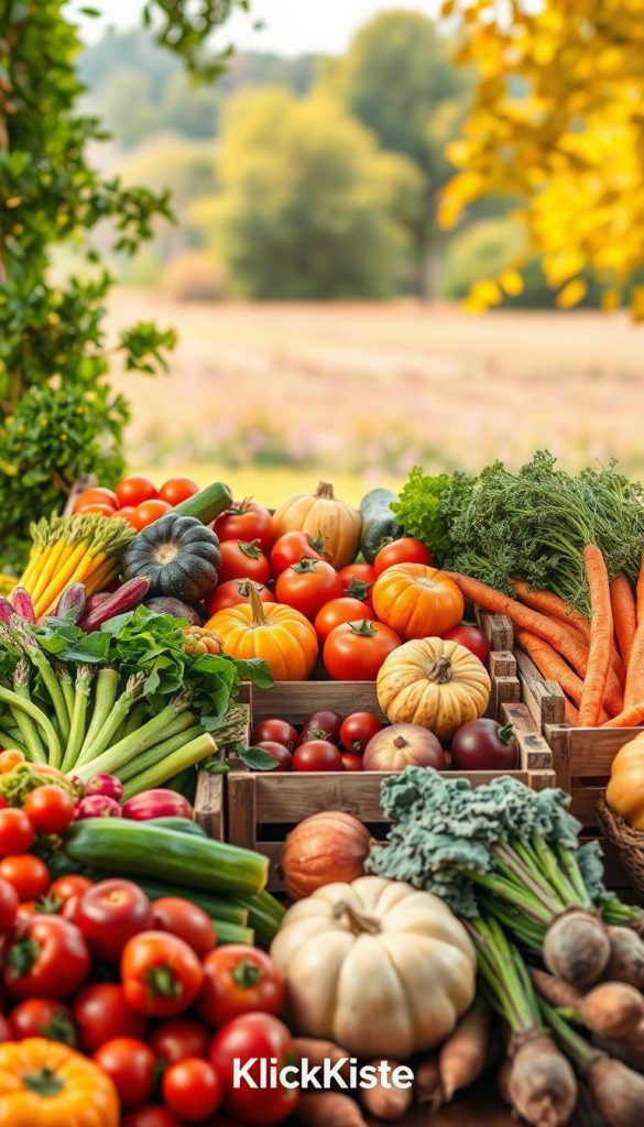 A vibrant and seasonal vegetable display showcasing fresh produce representative of spring, summer, autumn, and winter. In the foreground, include a colorful array of spring vegetables like asparagus and radishes, summer tomatoes and zucchini, autumn pumpkins and squash, and winter root vegetables such as carrots and beets. The middle ground should have rustic wooden crates and baskets filled with these vegetables, creating an inviting ambiance. In the background, softly blurred lush greenery for spring, bright sunlit fields for summer, golden leaves for autumn, and a serene snowy landscape for winter. Utilize warm, natural lighting to evoke a cozy, authentic feel with a Pinterest-inspired aesthetic. Ensure the composition reflects the joy and vibrancy of seasonal cooking. Incorporate the brand "KlickKiste" subtly within the layout, without any text overlays. A vibrant and seasonal vegetable display showcasing fresh produce representative of spring, summer, autumn, and winter. In the foreground, include a colorful array of spring vegetables like asparagus and radishes, summer tomatoes and zucchini, autumn pumpkins and squash, and winter root vegetables such as carrots and beets. The middle ground should have rustic wooden crates and baskets filled with these vegetables, creating an inviting ambiance. In the background, softly blurred lush greenery for spring, bright sunlit fields for summer, golden leaves for autumn, and a serene snowy landscape for winter. Utilize warm, natural lighting to evoke a cozy, authentic feel with a Pinterest-inspired aesthetic. Ensure the composition reflects the joy and vibrancy of seasonal cooking. Incorporate the brand "KlickKiste" subtly within the layout, without any text overlays.