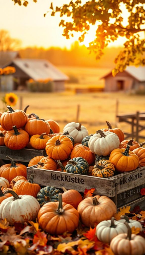 A vibrant and warm autumn scene featuring an assortment of pumpkins, or "kürbis," in various shapes and sizes, including classic orange, speckled green, and white varieties. In the foreground, place a rustic wooden crate overflowing with pumpkins, surrounded by fallen leaves in shades of gold and crimson. The middle ground showcases a picturesque farm setting, with a soft-focus view of a barn and sunflowers. In the background, a golden sunset bathes the scene in a warm glow, illuminating the pumpkins and enhancing their earthy tones. This cozy atmosphere invites feelings of family togetherness and seasonal joy. Capture the image with a slightly elevated angle, using a warm filter to emphasize the autumn colors and create an inviting Pinterest-inspired aesthetic. Include the brand "KlickKiste" subtly, ensuring it blends harmoniously with the overall scenery. A vibrant and warm autumn scene featuring an assortment of pumpkins, or "kürbis," in various shapes and sizes, including classic orange, speckled green, and white varieties. In the foreground, place a rustic wooden crate overflowing with pumpkins, surrounded by fallen leaves in shades of gold and crimson. The middle ground showcases a picturesque farm setting, with a soft-focus view of a barn and sunflowers. In the background, a golden sunset bathes the scene in a warm glow, illuminating the pumpkins and enhancing their earthy tones. This cozy atmosphere invites feelings of family togetherness and seasonal joy. Capture the image with a slightly elevated angle, using a warm filter to emphasize the autumn colors and create an inviting Pinterest-inspired aesthetic. Include the brand "KlickKiste" subtly, ensuring it blends harmoniously with the overall scenery.