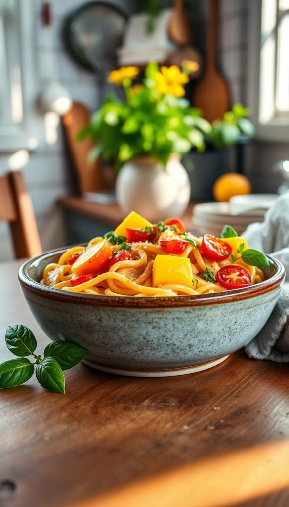 A vibrant, appetizing bowl of one-pot pasta featuring colorful mango and sweet paprika, beautifully arranged in a rustic ceramic bowl. The pasta glistens with a light sauce, flecked with fresh herbs, and surrounded by chunks of juicy mango and bright red paprika. In the foreground, a wooden table adds warmth, with a soft, natural light streaming in from a nearby window, creating a cozy atmosphere. A sprig of basil is placed artfully beside the bowl for added freshness. In the background, hints of a spring kitchen setting emerge with greenery and utensils, invoking a feeling of a sunny day. Overall, the image captures a wholesome and inviting spring meal, styled for Pinterest with warm colors, reflecting the essence of "KlickKiste". A vibrant, appetizing bowl of one-pot pasta featuring colorful mango and sweet paprika, beautifully arranged in a rustic ceramic bowl. The pasta glistens with a light sauce, flecked with fresh herbs, and surrounded by chunks of juicy mango and bright red paprika. In the foreground, a wooden table adds warmth, with a soft, natural light streaming in from a nearby window, creating a cozy atmosphere. A sprig of basil is placed artfully beside the bowl for added freshness. In the background, hints of a spring kitchen setting emerge with greenery and utensils, invoking a feeling of a sunny day. Overall, the image captures a wholesome and inviting spring meal, styled for Pinterest with warm colors, reflecting the essence of "KlickKiste".
