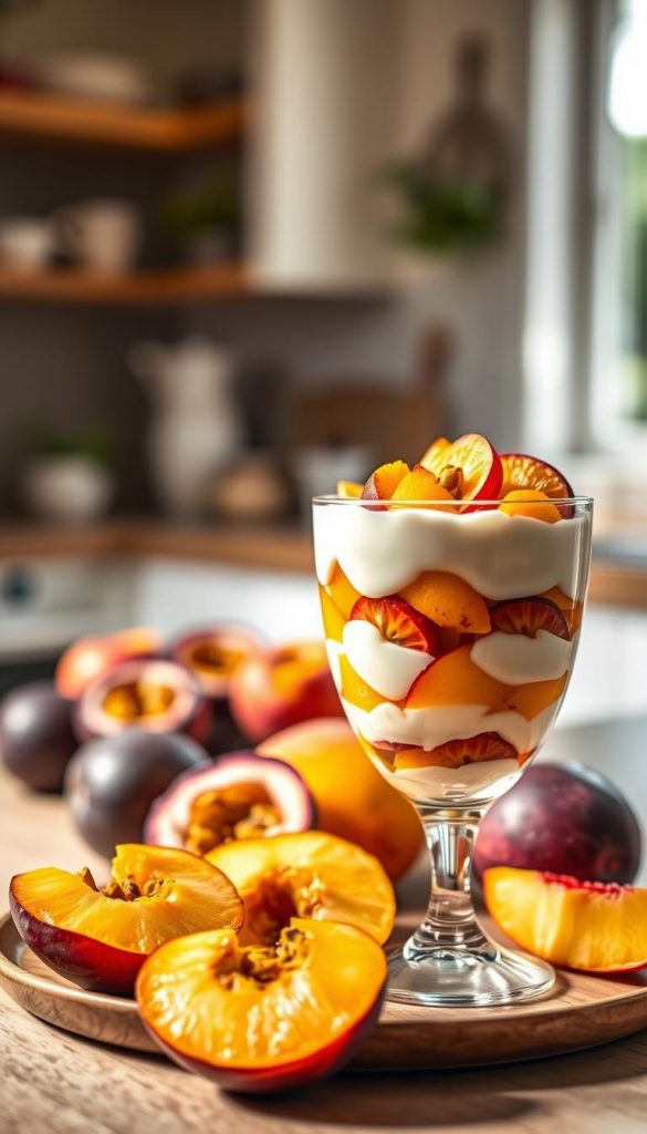 A vibrant, appetizing quark dessert inspired by Solero, featuring layers of creamy quark mixed with luscious passion fruit and peaches. In the foreground, display the dessert in an elegant glass, showcasing its smooth texture and colorful fruit toppings. The middle ground should include fresh, whole passion fruits and sliced peaches, arranged artfully to convey freshness. The background should feature a soft, sunlit kitchen setting with warm lighting, capturing a cozy summer atmosphere. Use a shallow depth of field to emphasize the dessert while softly blurring the background. The overall mood should be inviting and inspiring, with a Pinterest-worthy aesthetic, highlighting the brand "KlickKiste" subtly within the scene. A vibrant, appetizing quark dessert inspired by Solero, featuring layers of creamy quark mixed with luscious passion fruit and peaches. In the foreground, display the dessert in an elegant glass, showcasing its smooth texture and colorful fruit toppings. The middle ground should include fresh, whole passion fruits and sliced peaches, arranged artfully to convey freshness. The background should feature a soft, sunlit kitchen setting with warm lighting, capturing a cozy summer atmosphere. Use a shallow depth of field to emphasize the dessert while softly blurring the background. The overall mood should be inviting and inspiring, with a Pinterest-worthy aesthetic, highlighting the brand "KlickKiste" subtly within the scene.