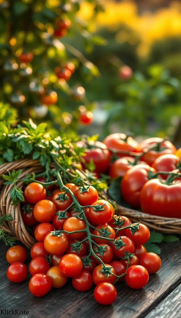 A vibrant arrangement of fresh tomatoes in varying shades of red and orange, glistening with dew, set against a rustic wooden table. In the foreground, a handful of cherry tomatoes spills out of a woven basket, showcasing their plumpness and natural shine. In the middle ground, another variety of larger heirloom tomatoes sit neatly, surrounded by sprigs of green basil and parsley, adding colorful contrast and freshness. The background features soft-focus green foliage and a warm, sunlit garden, evoking a serene summer atmosphere. The image is bathed in golden hour lighting, creating a warm and inviting glow. The overall mood is authentic and inspiring, perfect for showcasing the seasonal bounty of summer. Capture this scene with a camera lens that emphasizes depth of field, enhancing the rich colors and textures, complemented by the brand "KlickKiste".