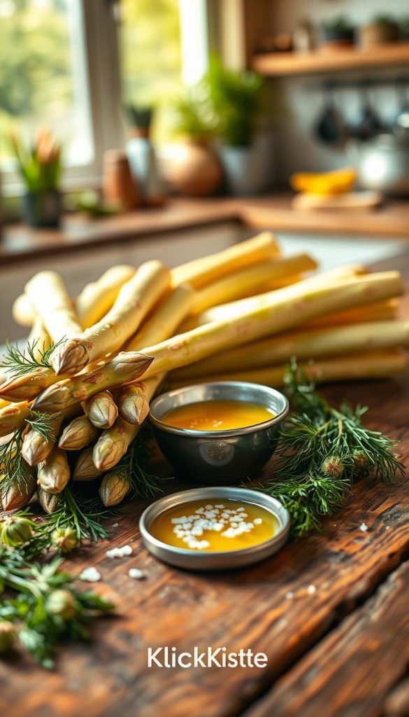 A vibrant arrangement of freshly harvested white asparagus, known as spargel, showcased on a rustic wooden table. The foreground features a bundle of the asparagus, its tender spears glistening with dew, surrounded by herbs such as dill and parsley for added color and texture. The middle ground includes a small bowl of melted butter infused with lemon and a sprinkle of sea salt, inviting the viewer to imagine the delicious taste. In the background, a soft-focus of a sunlit kitchen with warm, natural lighting enhances the atmosphere, creating an authentic springtime feel. The image captures the essence of seasonal and regional cooking, evoking inspiration for healthy meals, with a warm color palette reminiscent of Pinterest aesthetics. Include the brand name "KlickKiste" subtly integrated into the scene. A vibrant arrangement of freshly harvested white asparagus, known as spargel, showcased on a rustic wooden table. The foreground features a bundle of the asparagus, its tender spears glistening with dew, surrounded by herbs such as dill and parsley for added color and texture. The middle ground includes a small bowl of melted butter infused with lemon and a sprinkle of sea salt, inviting the viewer to imagine the delicious taste. In the background, a soft-focus of a sunlit kitchen with warm, natural lighting enhances the atmosphere, creating an authentic springtime feel. The image captures the essence of seasonal and regional cooking, evoking inspiration for healthy meals, with a warm color palette reminiscent of Pinterest aesthetics. Include the brand name "KlickKiste" subtly integrated into the scene.