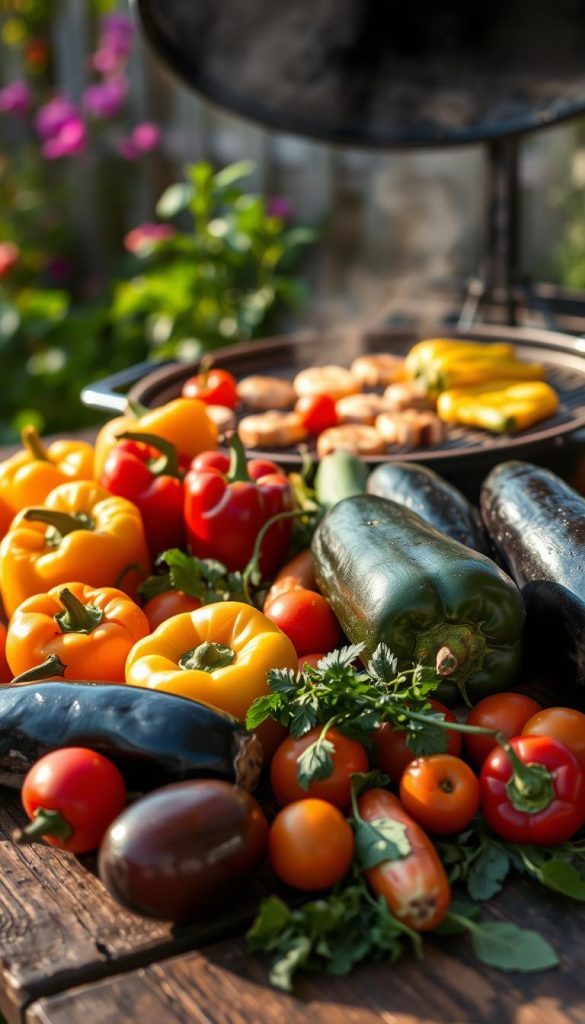 A vibrant arrangement of seasonal vegetables suitable for grilling, including colorful bell peppers, zucchini, eggplant, and fresh herbs, is displayed on a rustic wooden table. In the foreground, the vegetables are artistically arranged, showcasing their rich textures and hues in warm, natural lighting. The middle ground features a grill in use, lightly smoky, with some vegetables roasting to perfection, adding depth to the scene. In the background, a lush garden setting complements the fresh ingredients, creating an inviting atmosphere. The overall mood is warm and homely, evoking a sense of family gatherings and healthy eating. The image captures the essence of seasonal, allergy-friendly cooking and aligns with the aesthetic of KlikKiste. A vibrant arrangement of seasonal vegetables suitable for grilling, including colorful bell peppers, zucchini, eggplant, and fresh herbs, is displayed on a rustic wooden table. In the foreground, the vegetables are artistically arranged, showcasing their rich textures and hues in warm, natural lighting. The middle ground features a grill in use, lightly smoky, with some vegetables roasting to perfection, adding depth to the scene. In the background, a lush garden setting complements the fresh ingredients, creating an inviting atmosphere. The overall mood is warm and homely, evoking a sense of family gatherings and healthy eating. The image captures the essence of seasonal, allergy-friendly cooking and aligns with the aesthetic of KlikKiste.
