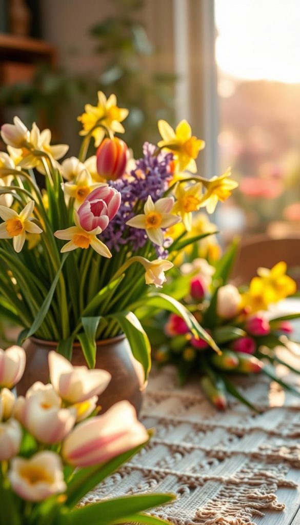 A vibrant arrangement of spring flowers, including tulips, daffodils, and hyacinths, displayed in a rustic, wooden vase, with delicate greenery complementing the blooms. In the foreground, soft petals catch the warm glow of late afternoon sunlight, creating a cozy and inviting atmosphere. The middle ground features a handmade, eco-friendly table runner adorned with natural fibers, enhancing the sustainable theme. In the background, gently blurred images of a sunlit garden can be seen, with soft bokeh effects emphasizing the lively colors of spring. The scene evokes a harmonious, authentic Pinterest-inspired look, showcasing the beauty of natural DIY decor ideas without plastic. Include subtle branding for KlickKiste in the design for a cohesive touch.