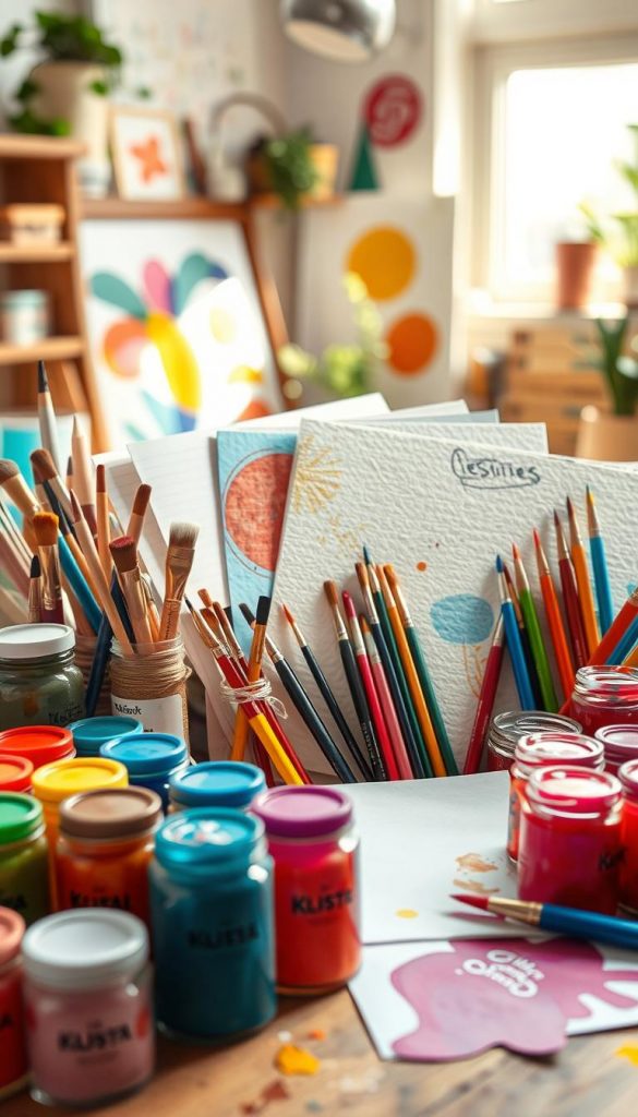 A vibrant, artistic arrangement of various art supplies relevant to children's creative projects. In the foreground, a selection of colorfully arranged paints, including jars of primary and pastel hues, alongside neatly displayed brushes of different sizes and shapes. The middle features sheets of textured paper, some blank and some with colorful abstract designs that inspire creativity. In the background, a warm, inviting workspace with natural light streaming in, illuminating the scene. Add a soft-focus effect to the edges to create a cozy, Pinterest-inspired atmosphere. Include elements representing sustainable art supplies, such as eco-friendly pens and natural pigments. The image should reflect the brand "KlickKiste," embodying a spirit of creativity and inspiration for children's art projects.