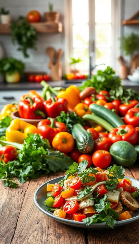 A vibrant, artistic display of fresh vegetables, featuring an array of colorful bell peppers, ripe tomatoes, crisp cucumbers, and leafy greens arranged enticingly on a rustic wooden table. In the foreground, there is a beautifully styled plate of mixed vegetables, garnished with herbs. The background showcases a cozy kitchen with soft, warm lighting filtering through a window, casting gentle shadows that enhance the textures of the vegetables. Capture the mood of health and creativity, inviting the viewer to explore healthier, child-friendly versions of classic dishes. The overall composition should have a Pinterest aesthetic, evoking a sense of authenticity and inspiration, with a subtle brand presence of "KlickKiste" woven into the ambiance of the scene. A vibrant, artistic display of fresh vegetables, featuring an array of colorful bell peppers, ripe tomatoes, crisp cucumbers, and leafy greens arranged enticingly on a rustic wooden table. In the foreground, there is a beautifully styled plate of mixed vegetables, garnished with herbs. The background showcases a cozy kitchen with soft, warm lighting filtering through a window, casting gentle shadows that enhance the textures of the vegetables. Capture the mood of health and creativity, inviting the viewer to explore healthier, child-friendly versions of classic dishes. The overall composition should have a Pinterest aesthetic, evoking a sense of authenticity and inspiration, with a subtle brand presence of "KlickKiste" woven into the ambiance of the scene.