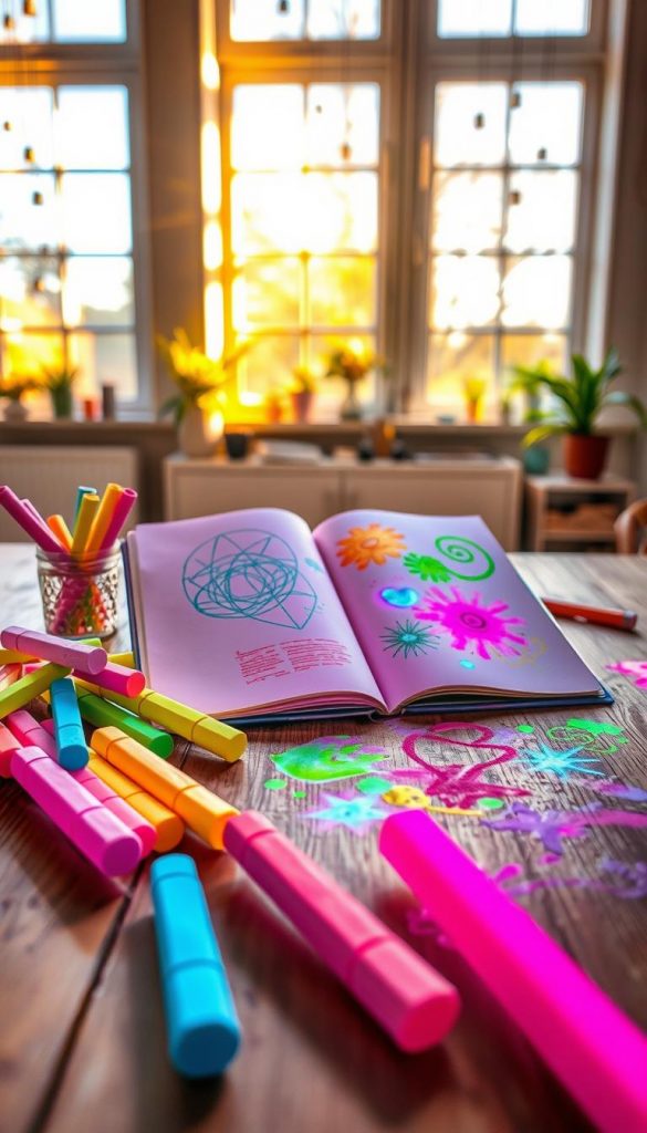 A vibrant, artistic scene featuring "farbe leuchtkreide" in a natural DIY setting. In the foreground, there are vibrant chalk sticks in various colors, such as neon pink, electric blue, and bright yellow, artistically scattered on a wooden table. In the middle, an open sketchbook displays colorful, imaginative drawings created with the chalk, showcasing experiments with light and effects, like glowing patterns and blended hues. The background features a softly illuminated room with large windows allowing natural light to flood in, casting warm, golden shadows. The overall mood is playful and creative, inviting inspiration for weekend projects. Incorporate elements of the brand "KlickKiste" in subtle ways, enhancing the DIY charm while avoiding any logos or text. The composition should evoke a sense of warmth and creativity, perfect for engaging family creativity.